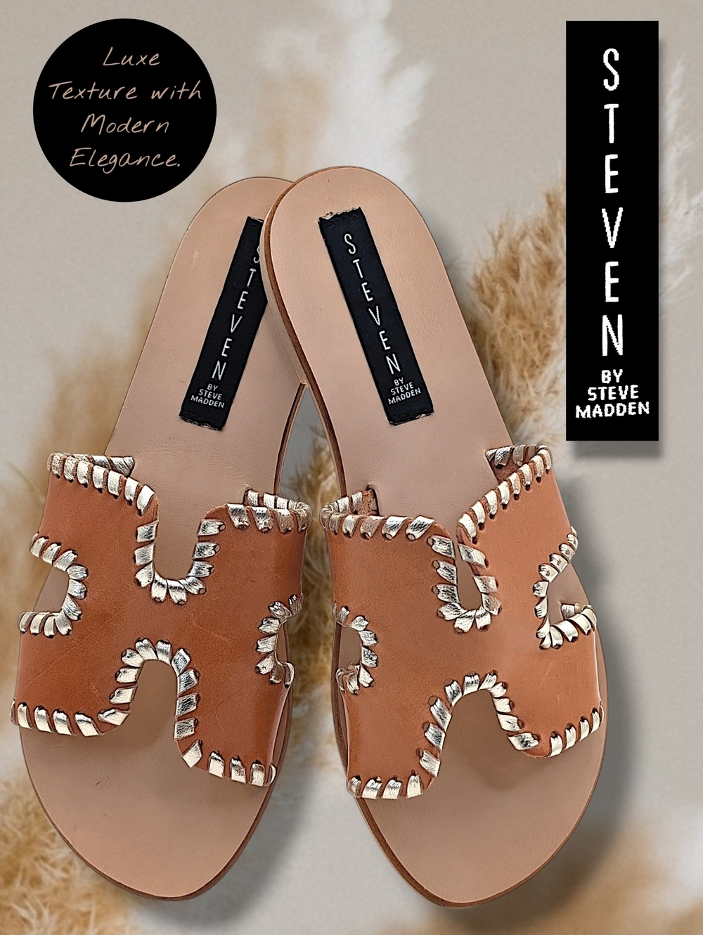 Steve Madden Greece Size 7 Genuine Leather Cognac Silver Metallic-Accent Flats